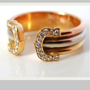 Auth C de CARTIER 22 Diamonds Clarity 750 18k Tri Color Gold Ring Band